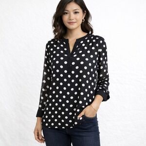 CHAUS‎ NEW YORK Size Small B&W Polka Dot Print Sheer Chiffon Droptail Blouse